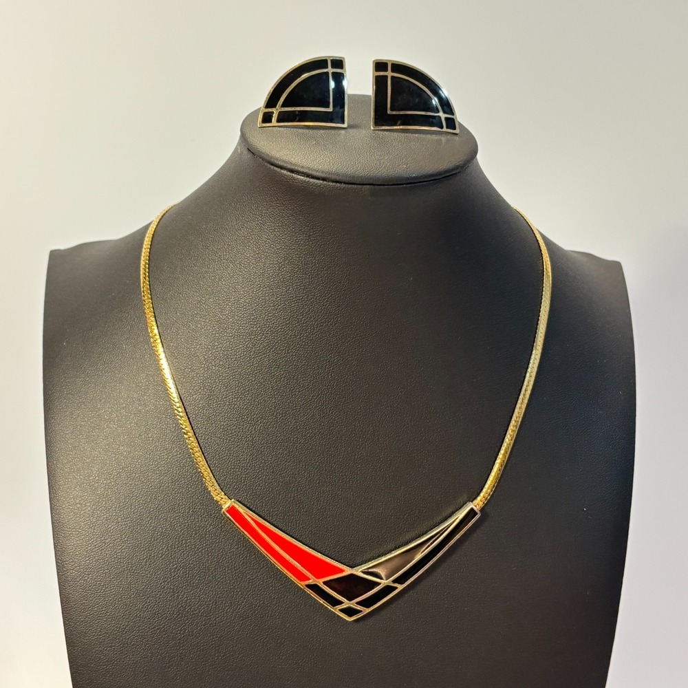 Vintage Necklace and Clip-On Earring Set Red Black Enamel Geometric Art Deco 90s - Picture 6 of 11